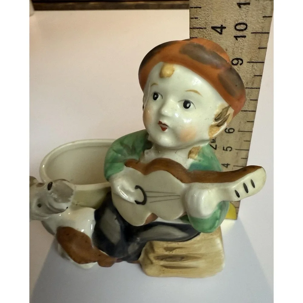 Vntg Occupied Japan Small Planter Boy playing Guitar with Dog by his Side